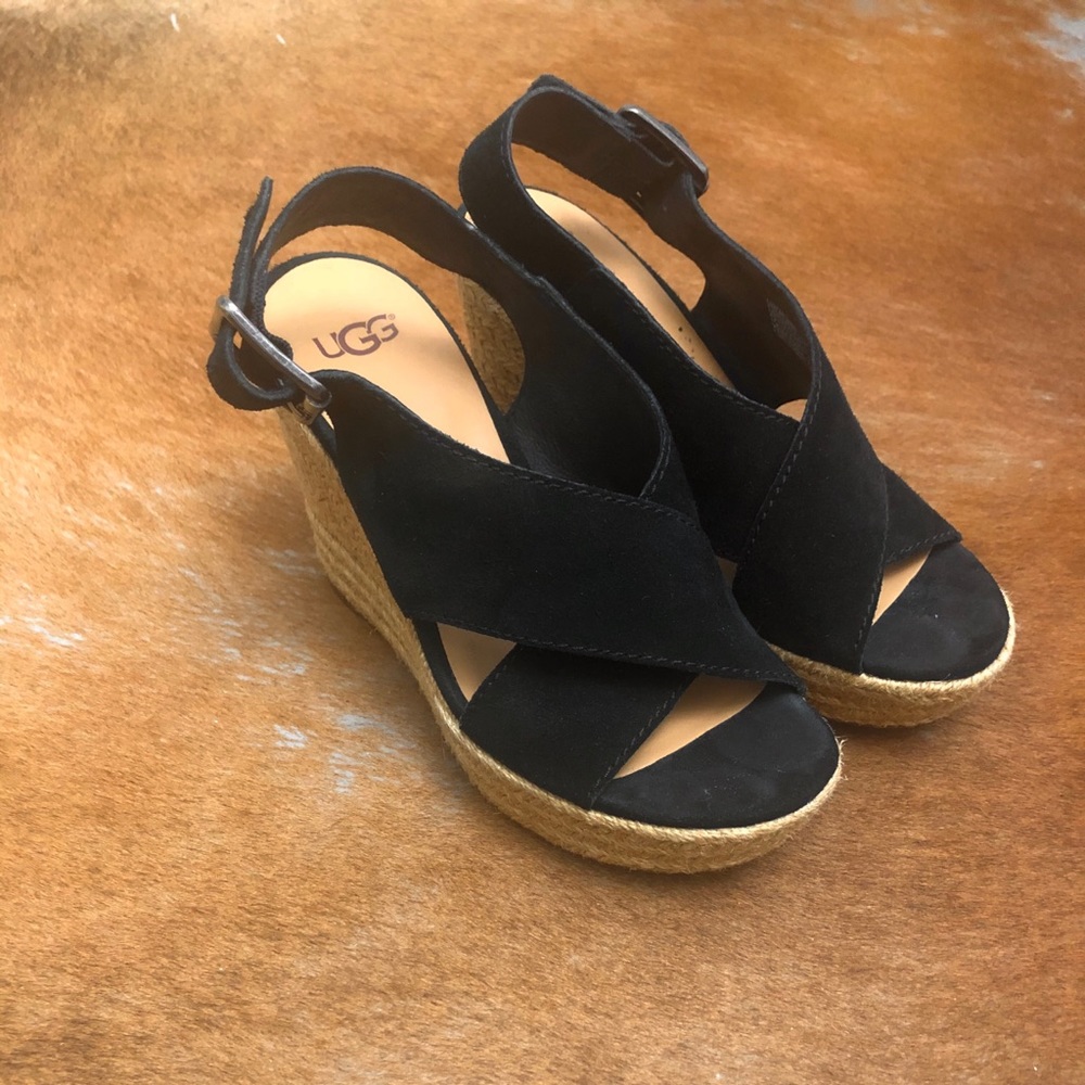 Uggs Harlow Black Suede Wedge Espadrilles